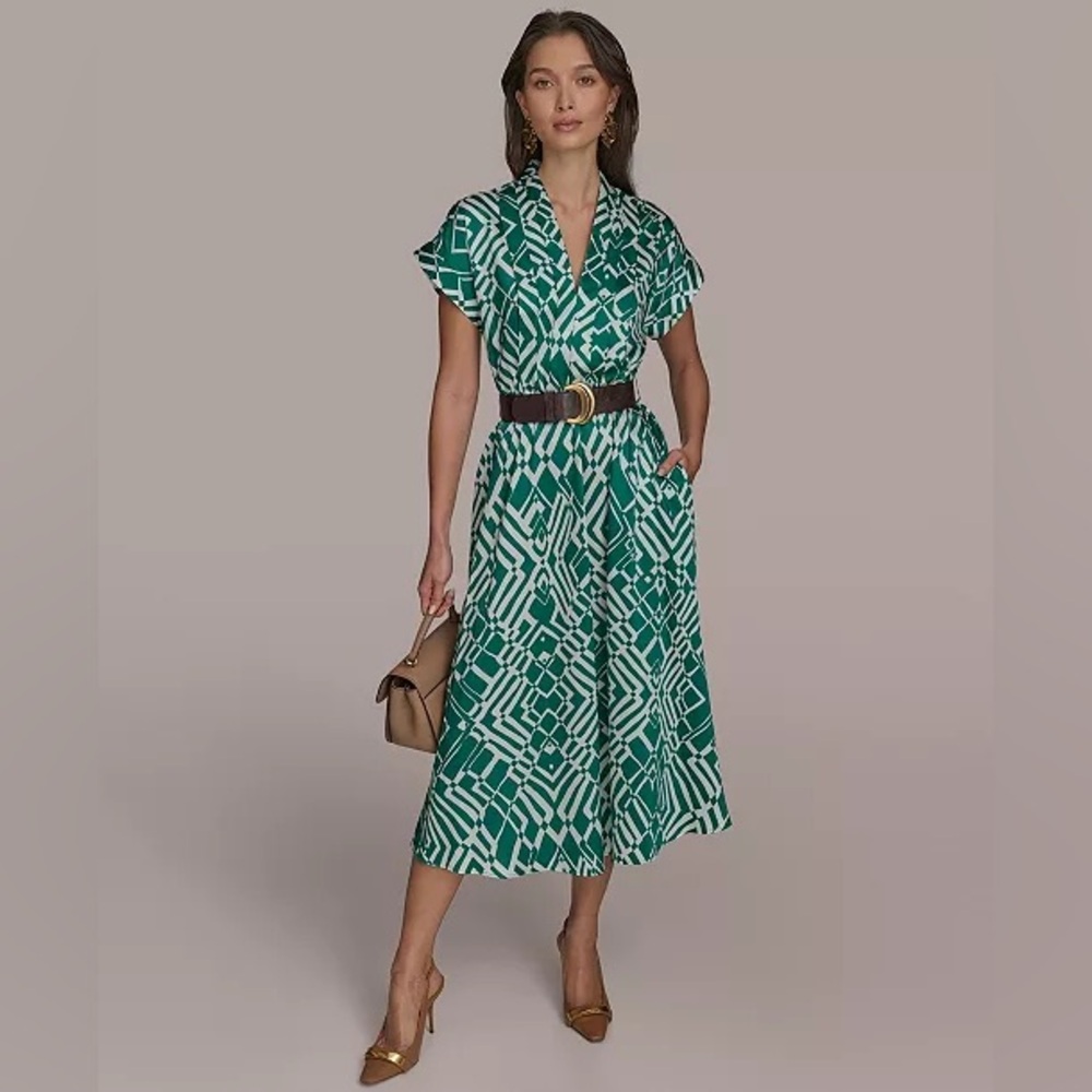 Donna Karan Green and White Geometric Dress